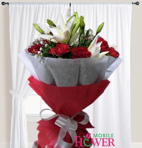 Red carnation white lilium bunch imported paper / mobile flower pune